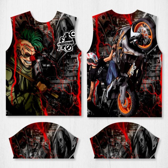 arte camisa quebrada palhaco moto